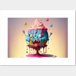 Cake Caricature - January 1st - Yearlong Psychedelic Cute Cakes Collection - Birthday Party - Delicious Dripping Paint, Bright Colors, and Big Adorable Smiles Posters and Art